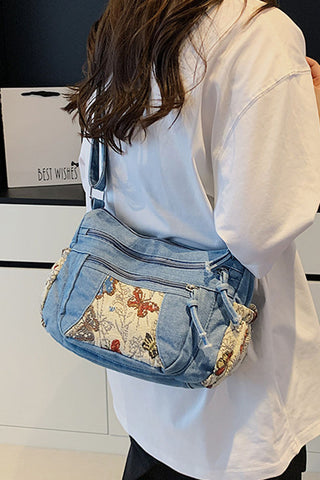 Floral Patch Zipper Drawstring Bag