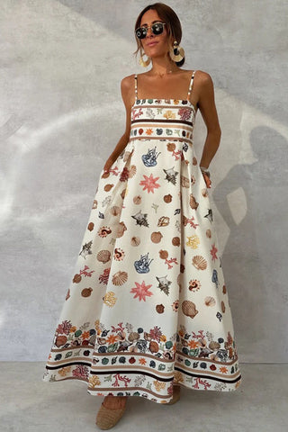 Square Neck Shell Print Maxi Casual Dress