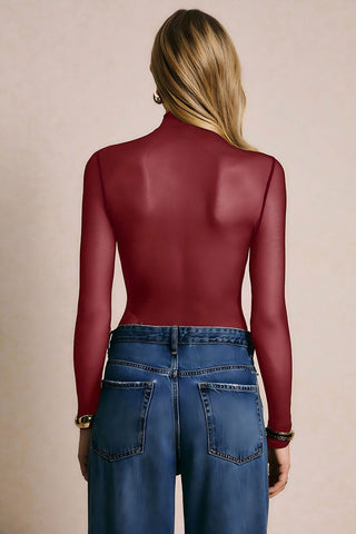 Sheer Mesh Ruched V-Neck Long Sleeve Bodysuit