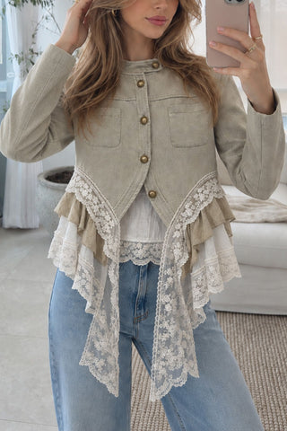 Lace Trim Mock Neck Button Front Jacket