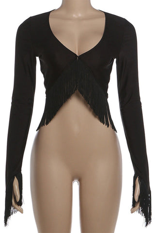 Long Sleeve Fringe Crop Top