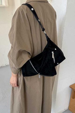 Suede Zipper Detail Slouchy Shoulder Bag