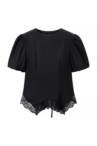 Round Neck Puff Sleeve Lace Trim Drawstring Blouse