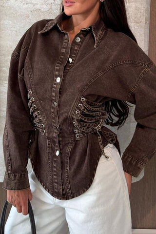 Lace-Up Side Button-Front Long Sleeve Shirt