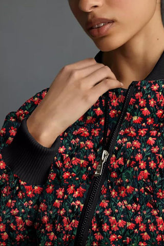 Floral Print Ribbed Trim Zip-Up Bomber Coat