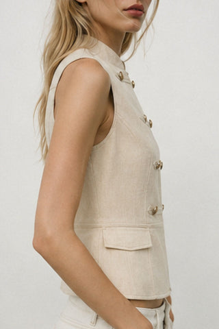 Military Button Zip Front Sleeveless Tank