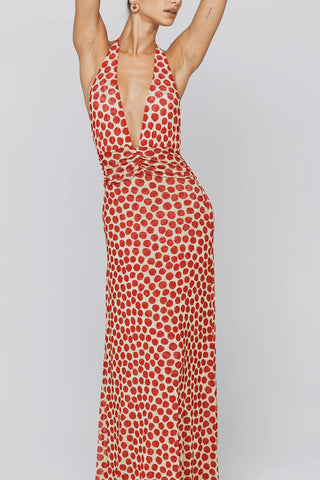 Polka Dot Halter V-Neck Maxi Dress
