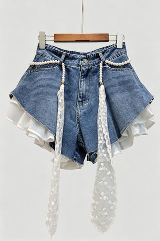 Pearl Belt Ruffle Denim Shorts