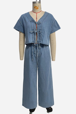 Tie-Front Denim Wide-Leg Pants Set