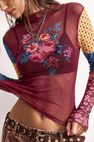 Sheer Mesh Floral Patchwork Mock Neck Top