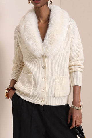 Faux Fur Collar Button-Front Knit Cardigan