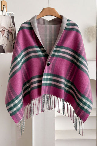 Plaid Fringed Wrap Poncho Scarf