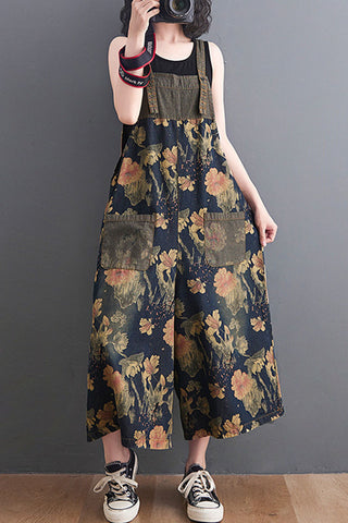 Floral Print Wide-Leg Denim Overalls
