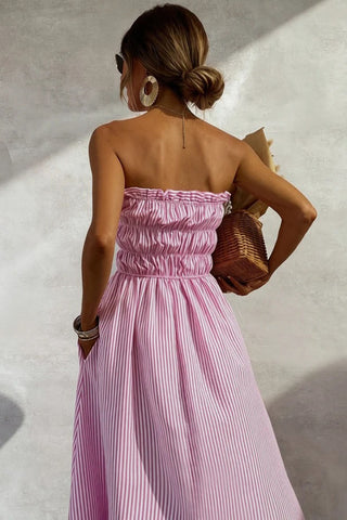 Striped Smocked Strapless Maxi Casual Dress