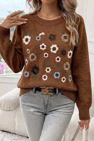 Floral Applique Crew Neck Sweater