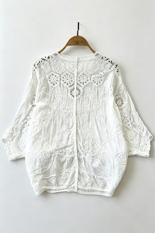 Floral Lace Button Front V-Neck Blouse