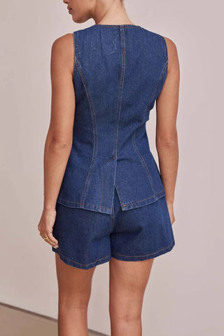 Button-Front Denim Top and Shorts Set