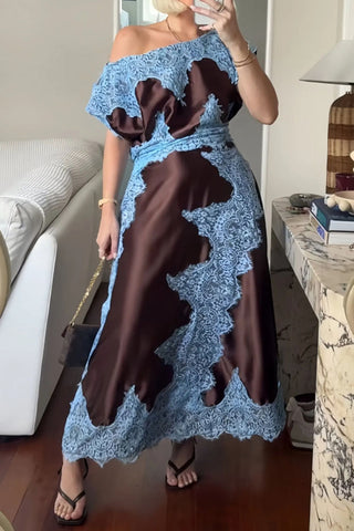 One-Shoulder Lace Overlay Satin Maxi Dress