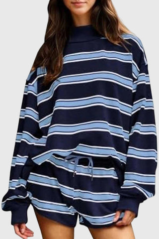 Striped Mock Neck Long Sleeve Short Set