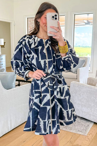 Zip-Front Puff Sleeve A-Line Mini Dress
