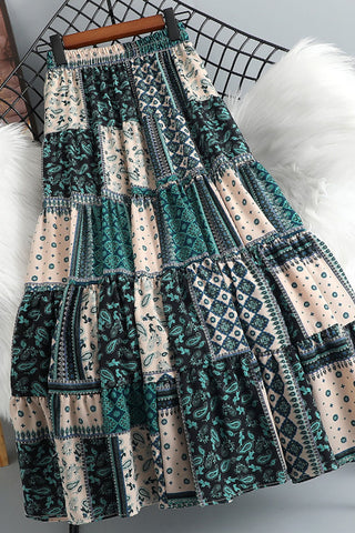 Patchwork Print Tiered Midi Skirt