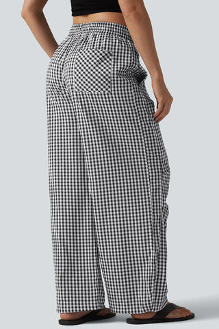 Plaid Drawstring Wide-Leg Casual Pants