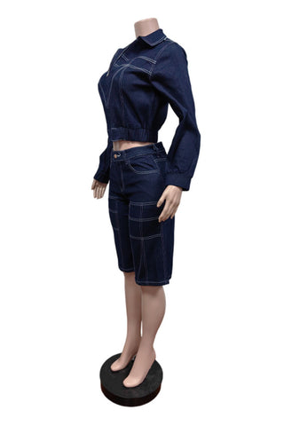 Zip-Front Collared Denim Short Set