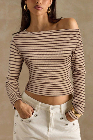 Ribbed One-Shoulder Striped Long Sleeve Top