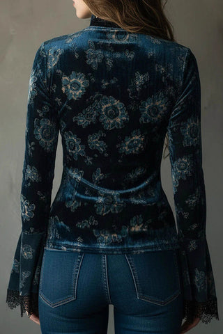 Floral Velvet Lace V-Neck Bell Sleeve Blouse