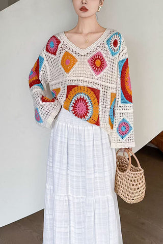 Crochet Patchwork V-Neck Sweater