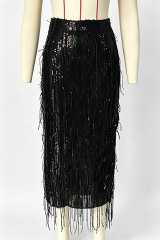 Sequin Fringe High-Waist Midi Skirt