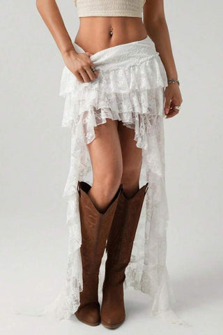 Ruffle Asymmetric High-Low Midi Skirt