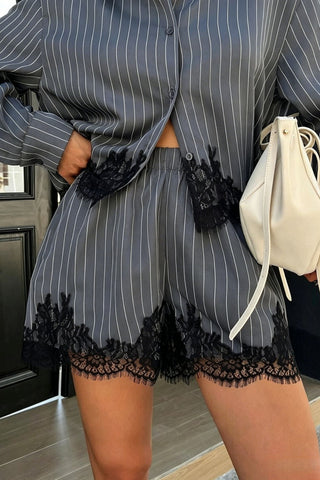 Strip Button-Front Lace Trim Short Set
