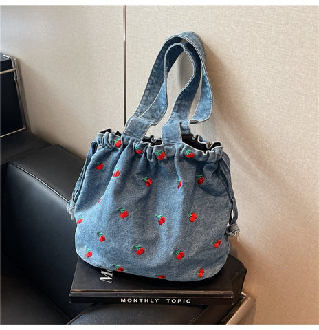 Cherry Drawstring Bucket Bag