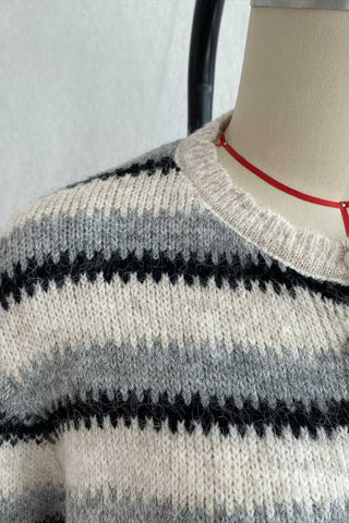 Striped Button Detail Crew Neck Knit Cardigan