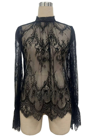 Sheer Floral Lace Mock Neck Bell Sleeve Blouse
