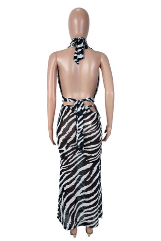 Zebra Halter Cutout Maxi Skirt Set