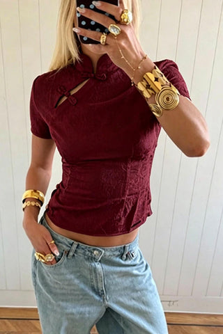 Frog Button Mock Neck Crop Blouse