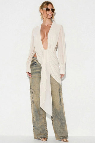 Deep V-Neck Ruched Long Sleeve Blouse