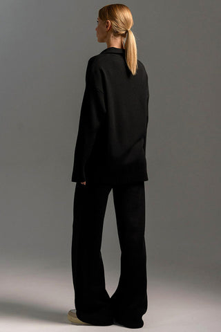 Knit Collared Top and Wide-Leg Pants Set