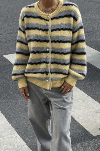 Striped Button Detail Crew Neck Knit Cardigan