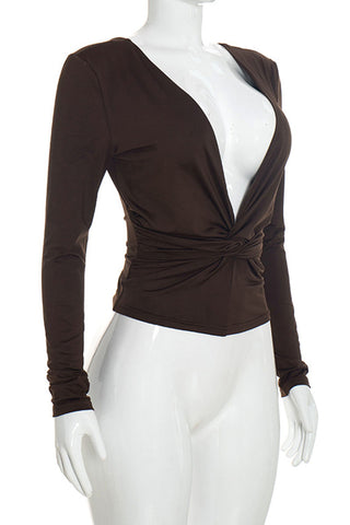 Deep V-Neck Ruched Front Long Sleeve Blouse