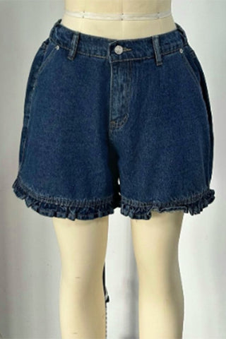 Ruffle-Hem High-Waist Denim Shorts