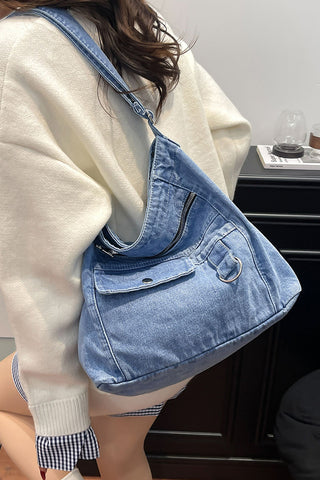 Zippered Pocket Denim Hobo Bag
