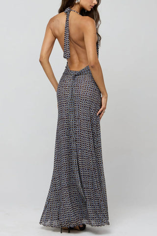 Polka Dot Halter V-Neck Maxi Dress