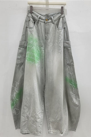 Graphic Script Pocket Baggy Jeans