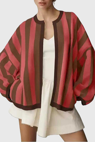 Striped Open-Front Batwing Sleeve Cardigan