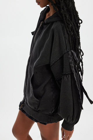 Tie-Sleeve Puff Zip-Up Hoodie