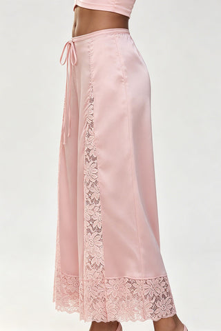 Lace Insert Drawstring Wide-Leg Casual Pants