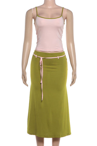 Contrast Trim Cami and Drawstring Midi Skirt Set
